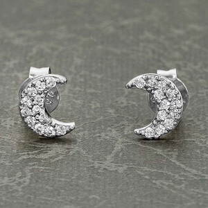 925 Sterling Silver Crescent Moon Earrings For Women and Girls, Dainty Moon Crescent Stud Earrings, Silver Earrings Cubic Zirconia Stones image 1