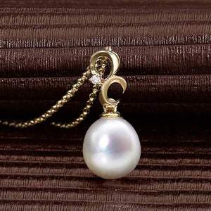 Pearl Drop Pendant Necklace with a Pearl & Cubic Zirconia Stone in 9K Yellow Gold for Women and Girls, 9ct Soid Gold Necklace with Pearl