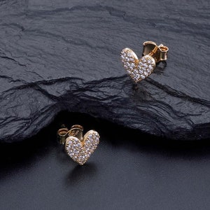Gold Plated 925 Sterling Silver Heart Earrings With Cubic Zirconia For women, Dainty Gold Stud Earrings with White Stones For Girls image 1