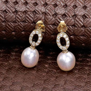 Pearl Drop Earrings with Freshwater Pearls & Cubic Zirconia in 9K Yellow Gold For Women, 9ct Gold Pearl Earrings With White Cubic Zirconia