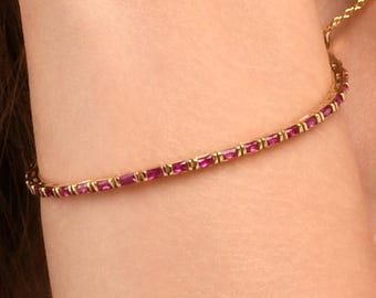 Red Gold Plated Sterling Silver Tennis Bracelet for Women, Baguette-Cut Red Cubic Zirconia Stones.