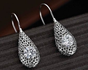 925 Sterling Silver Pear Drop Earrings For Women With Cubic Zirconia Stone, Cocoon Silver Drop Earrings with Round White Stone For Girls