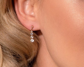 Dainty Rose Gold Plated Dangle Earrings for Women and Teen Girls with Cubic Zirconia Stones, Small Drop Earrings for Women with White Stones