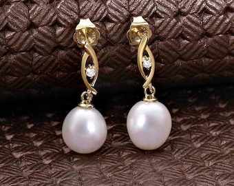 Pearl Drop Earrings with White Freshwater Pearls in 9K Yellow or White Gold For Women, 9ct Gold Pearl Earrings With White Cubic Zirconia