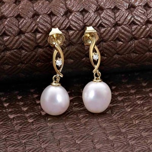 Pearl Drop Earrings with White Freshwater Pearls in 9K Yellow or White Gold For Women, 9ct Gold Pearl Earrings With White Cubic Zirconia