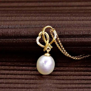 Gold Interlocking Heart & Pearl Pendant Necklace with Cubic Zirconia 9K White or Yellow Gold For Women, 9ct Gold Heart Necklace With Pearl