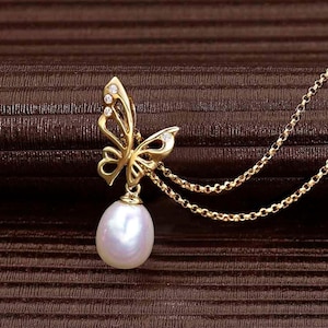 Gold Butterfly Necklace with Freshwater Pearl & Cubic Zirconia Stones 9K Yellow Gold For Women, 9ct Yellow Gold Pendant Necklace For Girls image 1