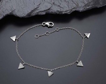 925 Sterling Silver Triangle Charm Bracelet for Women,  Silver Brecelet with white Cubic Zirconia stones for Girls