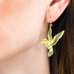 Gold Bird Dangle Earrings for Women and Teen Girls, Gold Brushed Finish Statement Earrings in a Hummingbird Design, Cute Bird Drop Earrings