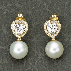 Pearl Drop Earrings with Freshwater Pearls & Cubic Zirconia in 9K Yellow Gold For Women, Heart Shaped Earrings with pearl drop in 9ct Gold