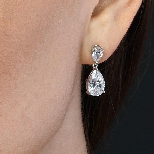 925 Sterling Silver Cubic Zirconia Pear Shaped Drop Earrings For Women, Silver Drop Earrings With 2 Pear Shaped Cz Stones for Girls