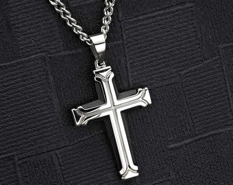 Stainless Steel Mens Cross Necklace with Black IP Plating. The Polished Stainless Steel Long Necklace with Large Cross Pendant for Men.