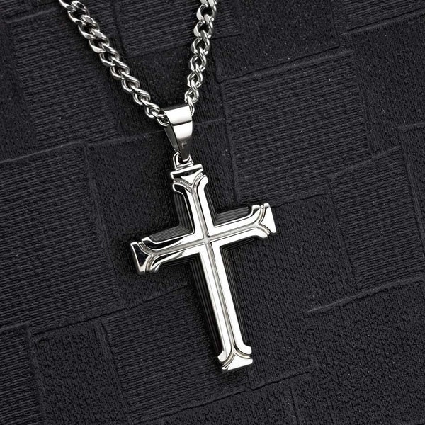 Stainless Steel Mens Cross Necklace with Black IP Plating. The Polished Stainless Steel Long Necklace with Large Cross Pendant for Men.