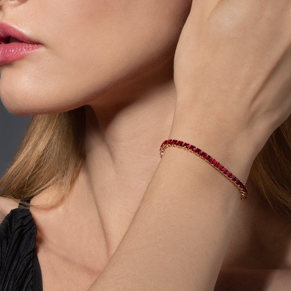 Bracelet en or avec pierres rouges, bracelet rouge pour femmes, bracelet slider en or avec pierres rouges, bracelet tennis en or avec pierres de zircone rouges