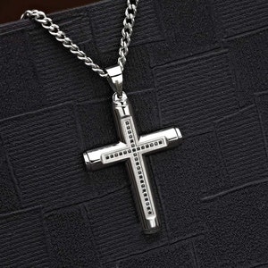 Stainless Steel Mens Cross Necklace with Black Cubic Zirconia Stones. The Stainless Steel Cross Pendant and Chain for Men