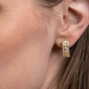 Gold Plated Sterling Silver Hoop Earrings for Women With Round and Baguette-cut Cubic Zirconia stones. Elegant Huggie Gold Plated Earrings