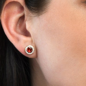 Red Earrings in Halo for Women Gold Plated, Classic Round Gold Earrings with Red-Orange and Clear Cubic Zirconia For Girls, Gold Round Studs