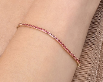 Gold plated 925 Sterling Silver Tennis Bracelet With Red Stones for Women, Gold Ladies Skinny Tennis Bracelet with Red Cubic Zirconia Stones