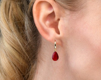 Gold Plated 925 Sterling Silver Pear Drop Earrings With Red Cubic Zirconia Stones for Women,Gold Dangle Earrings with pear shaped red Stones