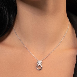 925 Sterling Silver Panther Pendant Necklace for Women, Silver Necklace with Green and White Cubic Zirconia Gemstones with a Panther Motif