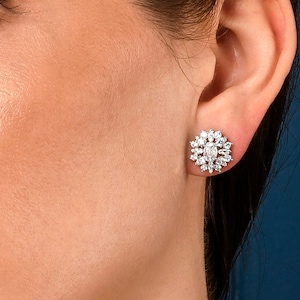 Oval Large Silver Stud Earrings for Women & Girls with Cubic Zirconia Stones, Big Sparkling Flower Earrings, Flower Statement Stud Earrings