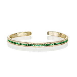 Gold Plated Bangle Bracelet for Women with Green & White Cubic Zirconia Stones, Gold Green Adjustable Open Cuff Bangle Bracelet for Women image 2