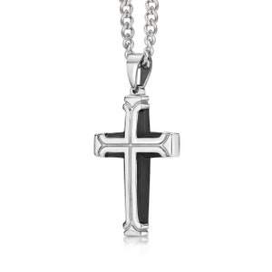 Stainless Steel Mens Cross Necklace with Black IP Plating. The Polished Stainless Steel Long Necklace with Large Cross Pendant for Men. image 3