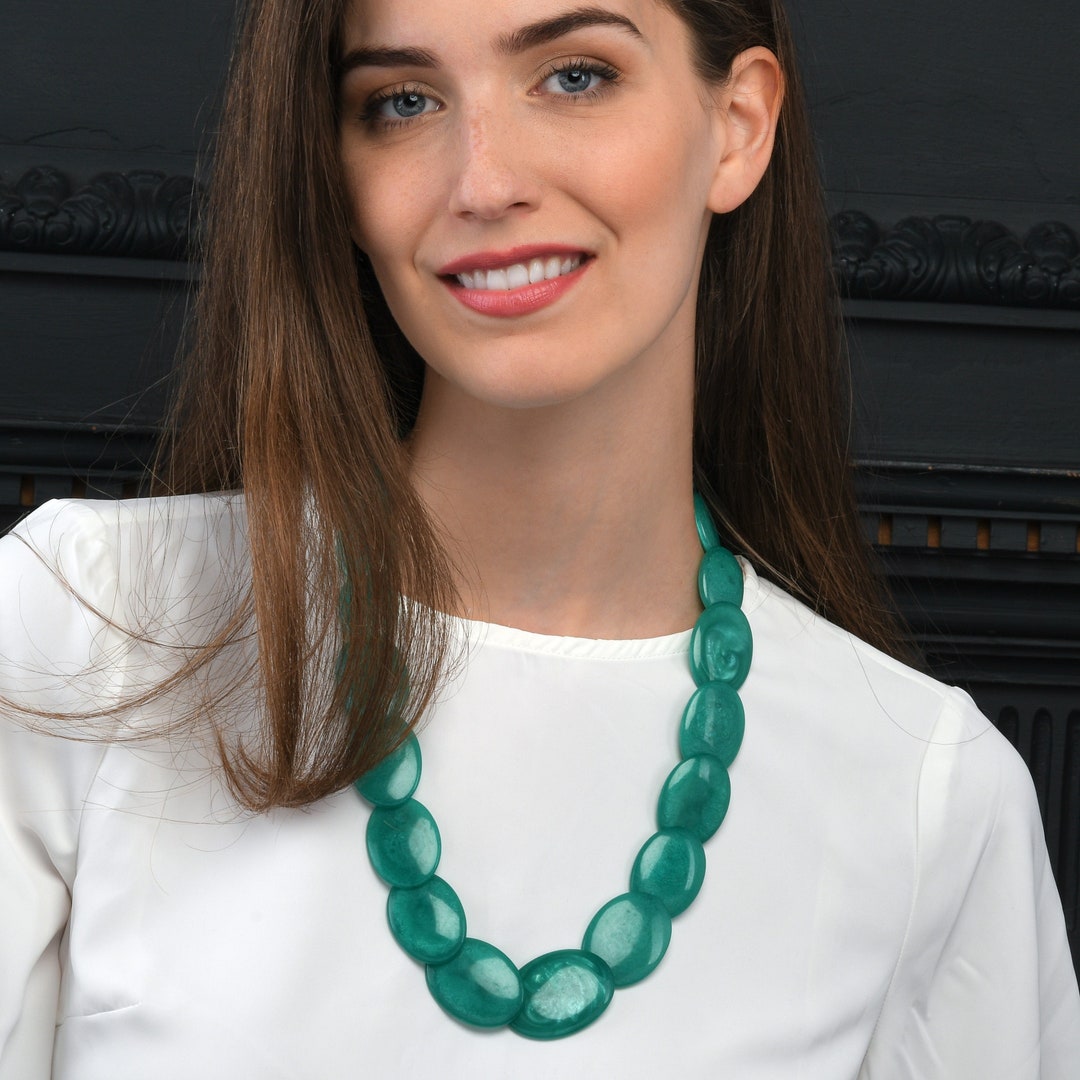 24 Inch Long Blue Green Chunky Necklace for Women, Handmade Large