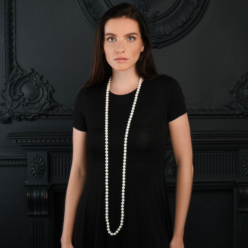 Extra Long Pearl Necklace for Women, 55-inch Long Pearl Necklace for Women with White Shell Pearls, Stylish long Necklace With Shell Pearls image 1