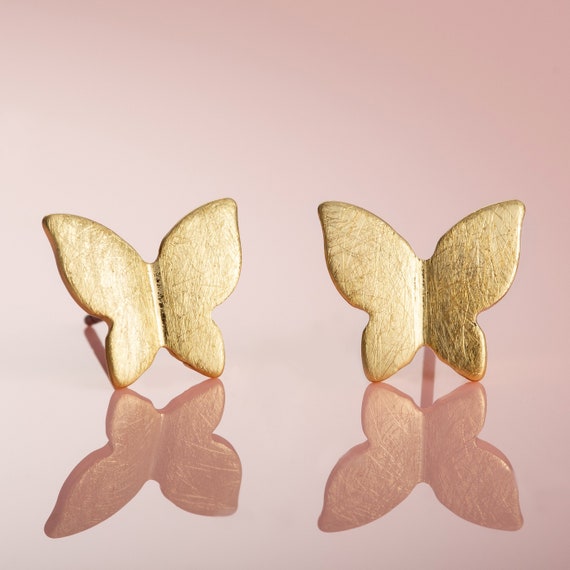 Butterfly Gold Stud Earrings for Women Brushed Finish Gold Plated