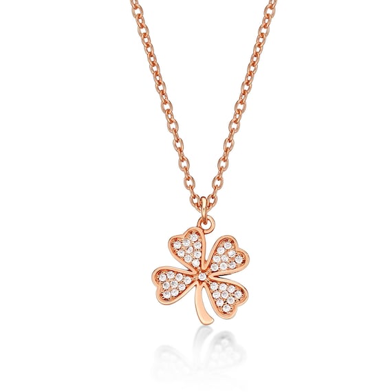 Collana Con Ciondolo Trifoglio In Smalto E Zirconi Oro Rosa - Placcato 18k
