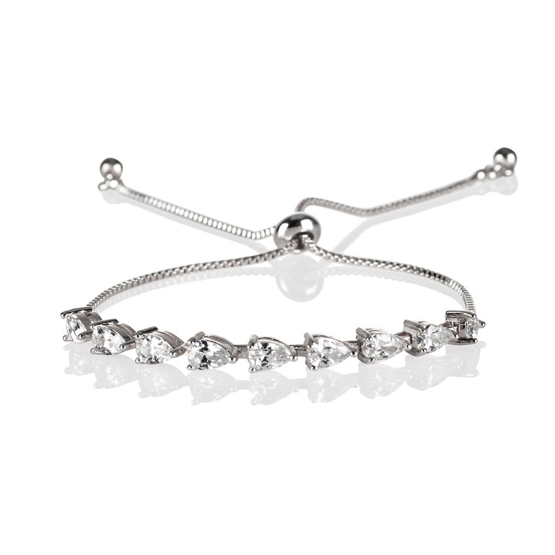 Elegant Dainty Slider Bracelet for Women with Pear Shaped Cubic Zirconia Stones, Sparkly Silver Bracelet for Women and Teenage Girls, image 2