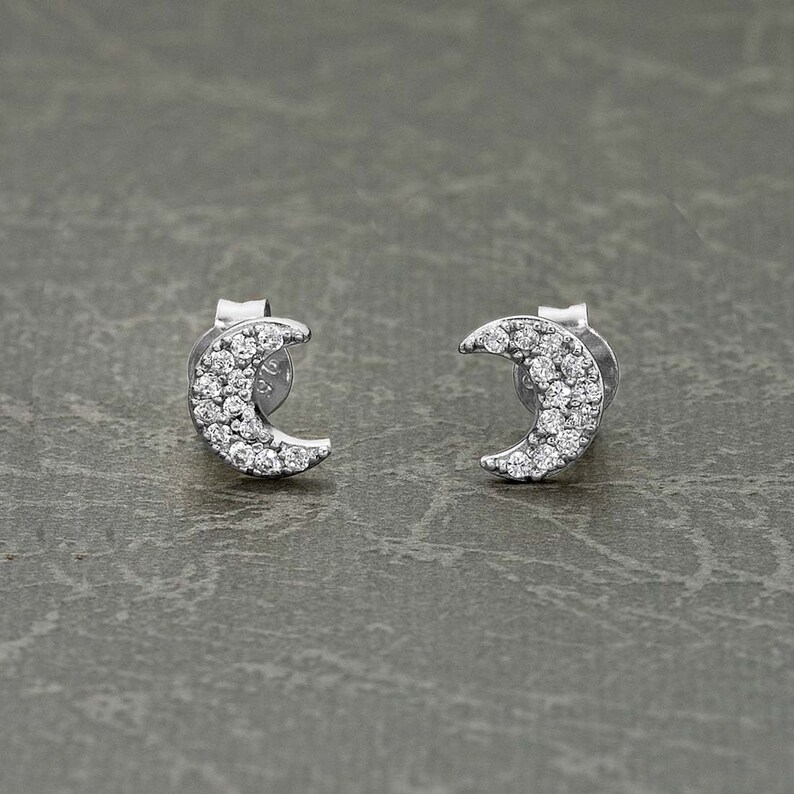 925 Sterling Silver Crescent Moon Earrings For Women and Girls, Dainty Moon Crescent Stud Earrings, Silver Earrings Cubic Zirconia Stones image 1