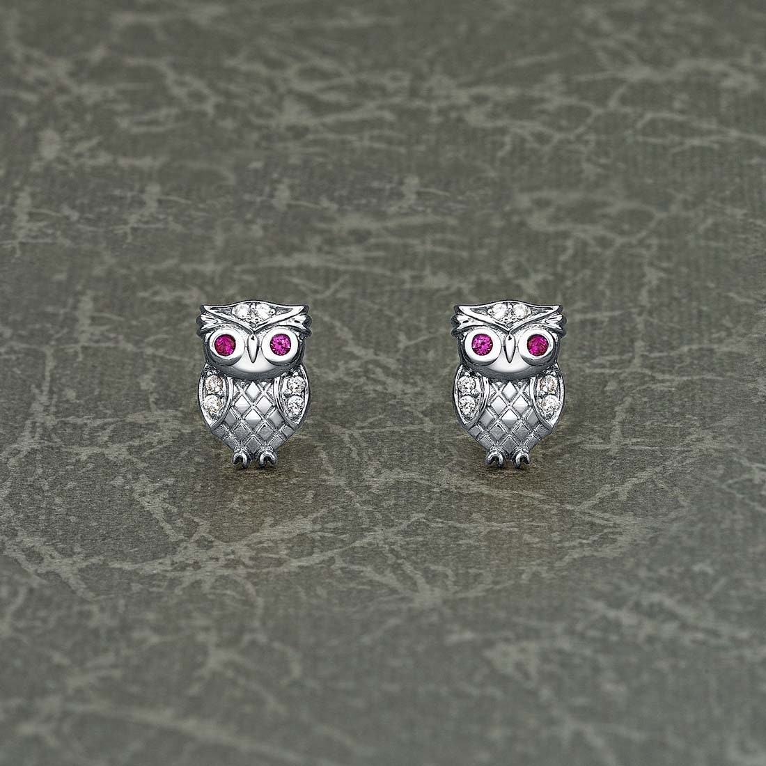 925 Sterling Silver Owl Earrings with Cubic Zirconia For Women, Small Owl Stud Earrings with Pink an