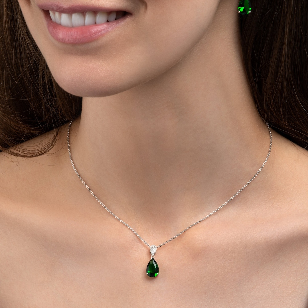 ★PEARLY MORE★ Drop Pendant Long Necklace Bridal Pendant Necklace Cubic Zirconia Teardrop Shaped