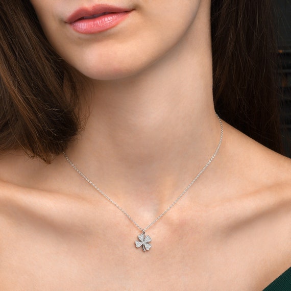 Collana Con Ciondolo Quadrifoglio In Argento 925 E Zirconi, Portafortuna Per Donna - 3