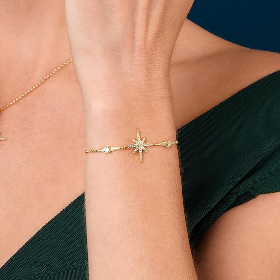 Adjustable Gold North Star Bracelet for Women, Slider Gold Chain Bracelet with Cubic Zirconia Stones, Gold Plated Bracelet for Women