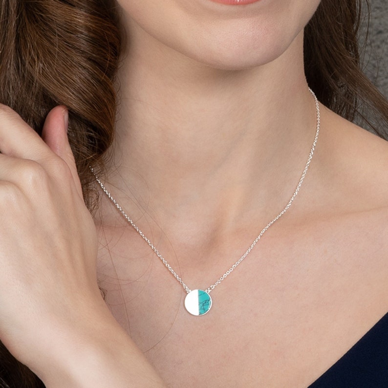 Turquoise Necklace for Women, Brushed Finish Pendant Necklace with Created Blue Turquoise, Silver Coloured Pendant Necklace for Women