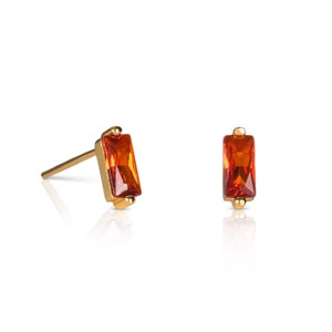 Dainty Gold Plated Orange Baguette Stud Earrings in 925 Sterling Silver For Women, Tiny Bar Gold Studs With Orange Cubic Zirconia Stones image 2