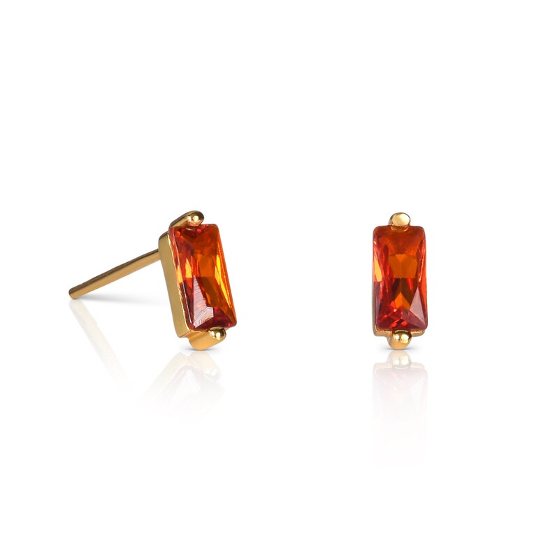 Dainty Gold Plated Orange Baguette Stud Earrings in 925 Sterling Silver For Women, Tiny Bar Gold Studs With Orange Cubic Zirconia Stones image 2