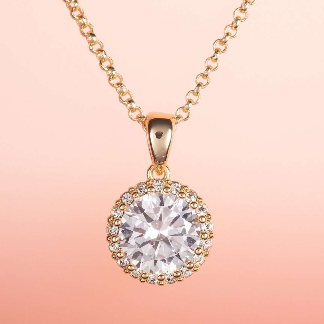 Gold Halo Pendant Necklace for Women, Round Pendant Necklace With Cubic