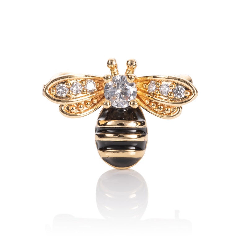 Gold Plated Bumble Bee Brooch For Women, Ladies gold brooch with black enamel details and sparkling White Cubic Zirconia stones image 2