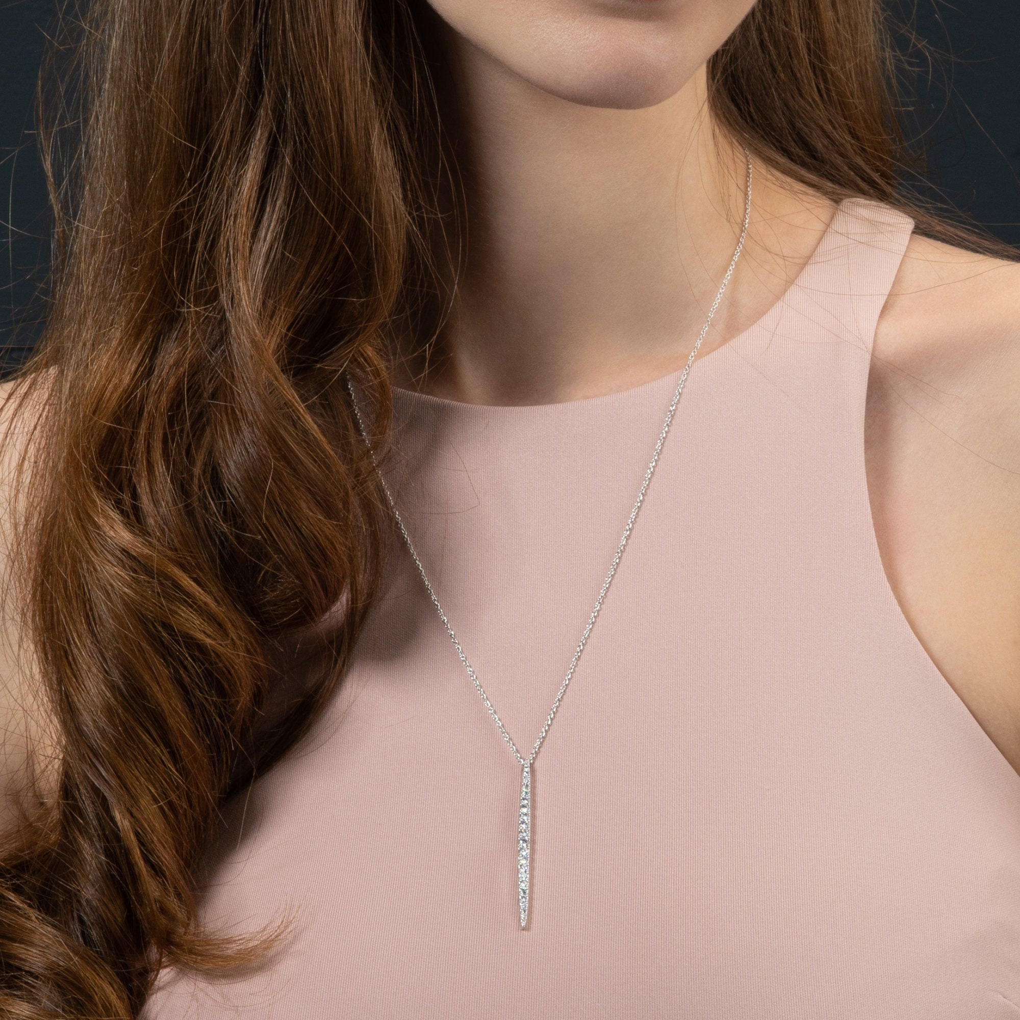 Silver Long Pendant Necklace for Women 22 Inch Long Chain With a Long Bar Pendant Set With White Cubic Zirconia Stones Etsy Australia