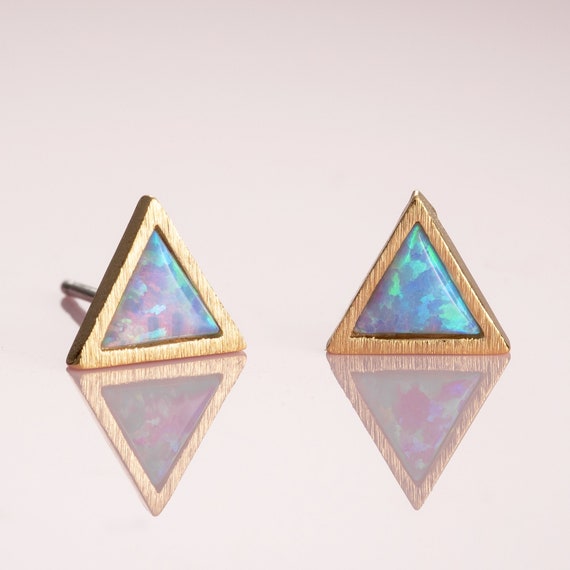 Triangle Opal Stud Earrings for Women Dainty Brushed Finish 