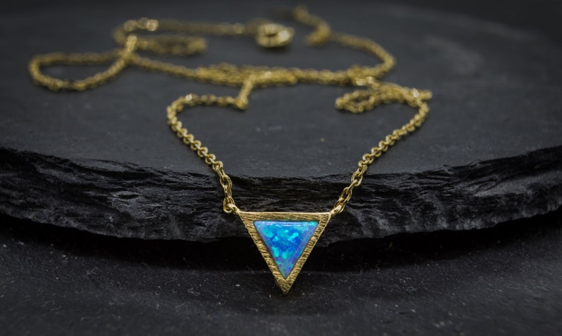 Gold Plated Triangle Opal Pendant Necklace, Dainty Gold Opal Necklace for Women, Gold Plated Geometric Necklace with a Created Opal. image 2