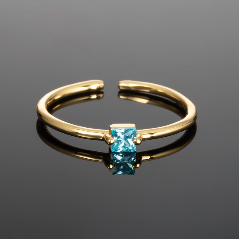 Light Blue Ring in Gold for Women, Adjustable Open Rings for Women with a Sky Blue Square Stone, Dainty Gold Ladies Ring, Womens Gold Ring image 1