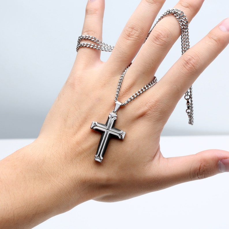 Stainless Steel Mens Cross Necklace with Black IP Plating. The Polished Stainless Steel Long Necklace with Large Cross Pendant for Men. image 4