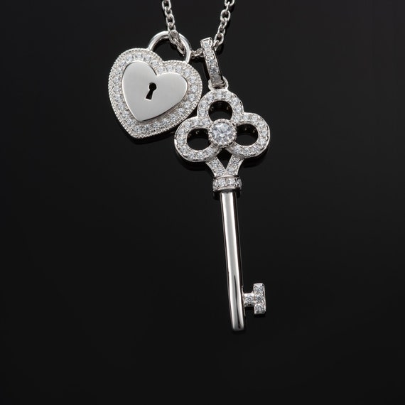 Tiny Heart Key Necklace - 925 Sterling Silver - Pendant Keys Love Lock  Charm Pendant Necklace for Women