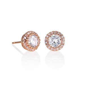 Rose gold Halo Stud Earrings With White Stones for women, Gold Plated Classic Round Earrings with Clear Cubic Zirconia , Gold Halo Studs