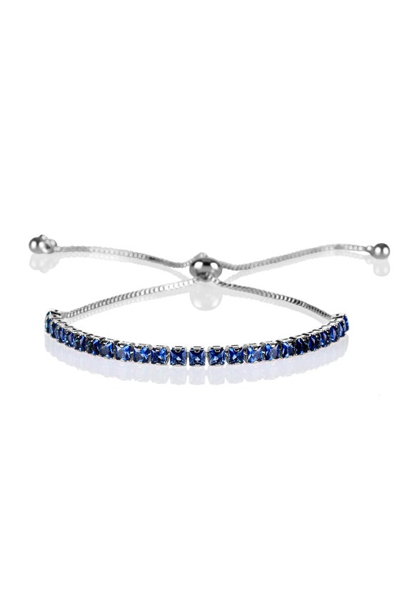 Bracciale Tennis In Argento 925 Con Zaffiro Blu Taglio Principessa E Zirconie - 20 Cm